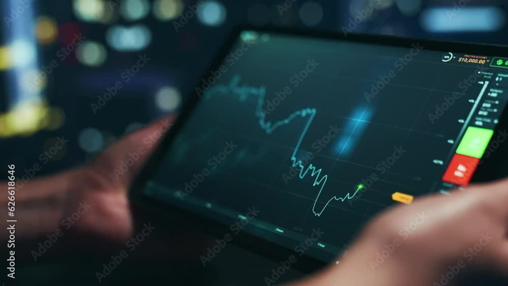 Poster stock market candles and information of exchange with data of price on the tablet screen. financial 