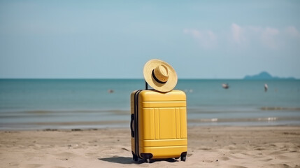 Yellow suitcase and a hat on top at the beach in front of the blue ocean. Generative AI.