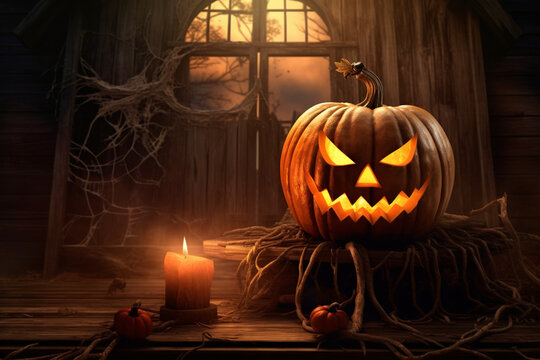 Halloween scary pumpkin with glowing eyes on a wooden background