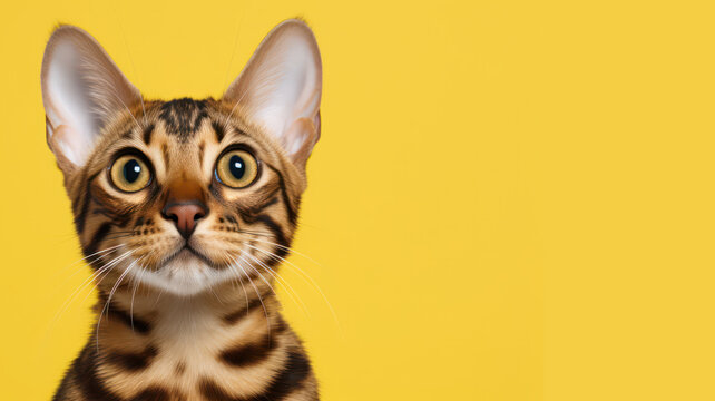 Advertising portrait, banner, funny bengal cat classic tiger color with big ears, yellow eyes, funny look, isolated on yellow background