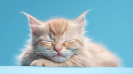 Fototapeta na wymiar Advertising portrait, banner, young kitty redhead color, sleeping with closed eyes, isolated on blue background