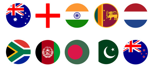 Fototapeta ICC Men's World Cup Cricket Tournament 2023. Round flag button icons of participating teams. Australia, New Zealand, India, England, South Africa, Pakistan, Afghanistan, Bangladesh, Netherlands  obraz