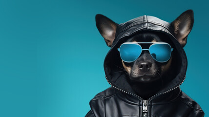 Advertising portrait, banner, cool looking black chihuahua dog in glasses and a sweatshirt with a hood isolated on blue background