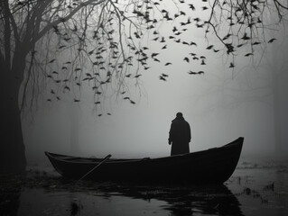 Whisps of Lost Souls Float Around, In the Style of Intimately Evocative Moody Fog, The Ferryman Standing on His Gondola, Minimalist, Serene. Generative AI..