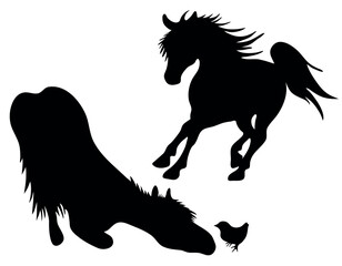 Black and white vector flat illustration: running horse silhouette