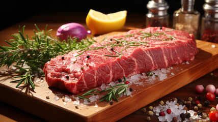 Raw beef steak for frying or grilling, fillet, marbled meat, spices, salt, pepper - obrazy, fototapety, plakaty