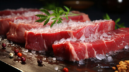 Raw beef steak for frying or grilling, fillet, restaurant menu, marbled meat, spices, salt, pepper, food preparation