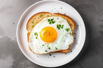 Top view of toast with fried egg on bread. - obrazy, fototapety, plakaty