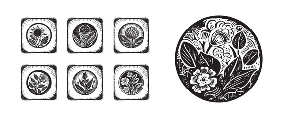 Set of scandi block print floral motif for vintage collection. Monochrome folk art botanical clip art group.  © Limolida Studio