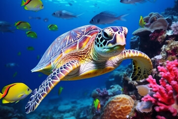 Fototapeta na wymiar Sea turtle surrounded by colorful fish underwater.