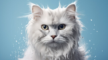 Fototapeta premium Advertising portrait, banner, wet serious cat and water drops around with blue eyes, gray color, isolated on blue background