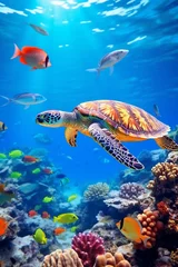Tuinposter Sea turtle surrounded by colorful fish underwater. © serperm73