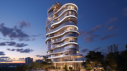 Modern high-rise residential skyscraper in the style of residential apartments in Miami. The building has rounded floor features and large windows. - Powered by Adobe