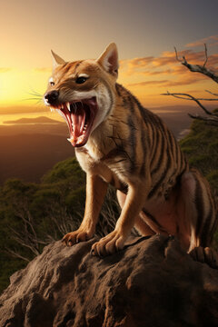 The Tasmanian tiger, thylacine, stands on a mountain at sunset and bares its teeth. The Tasmanian tiger is on the red list.