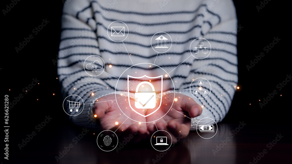 Poster cybersecurity and privacy concepts to protect business data, secure internet access future technolog