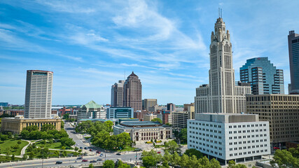 Blue skies over downtown Columbus Ohio with LeVeque Tower aerial