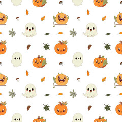 Cute vector seamless pattern with pumpkin ghosts and autumn leaves on Halloween theme