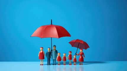 Plastic figures in the form of a family protected by a red umbrella. Insurance concept. Created with Generative AI technology.