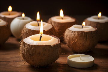 Fototapeta na wymiar several coconut colored and shaped te candles burning on a brown background, close-up. Generative AI technology