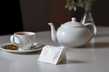 Fototapeta na wymiar A white tea bag is placed on the side of a white table with a cup of tea. AI generated