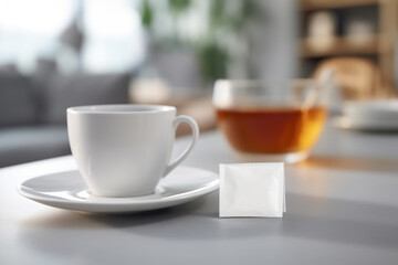 A white tea bag is placed on the side of a white table with a cup of tea. AI generated