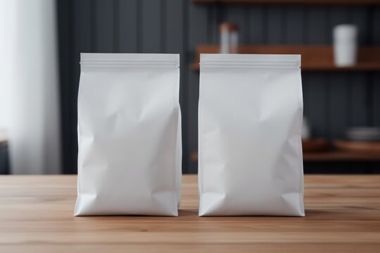 A white bag of coffee is placed on a white table, with a gray wall as the background. AI generated