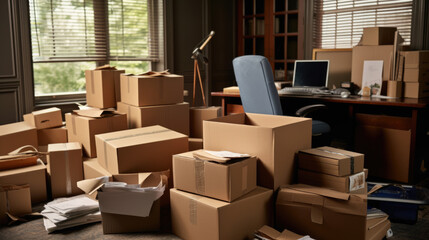 A pile of moving boxes in the room. Created with Generative AI technology.