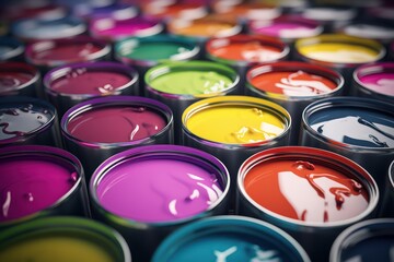 Open paint cans with pastel paint. AI generated