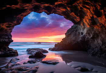 sunset at the beach through the cave