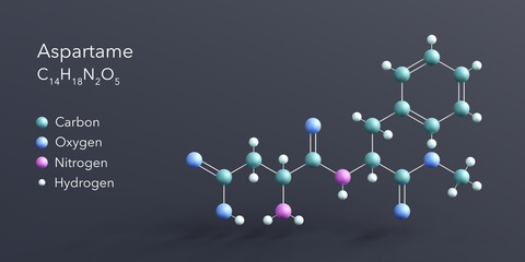 aspartame molecule 3d rendering, flat molecular structure with chemical formula and atoms color coding