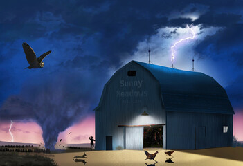 A tornado brings damaging winds to  fictional Sunny Meadows farm where lightining strikes and animals flee. This is a 3-d illustration about climate change and violent weather. - obrazy, fototapety, plakaty