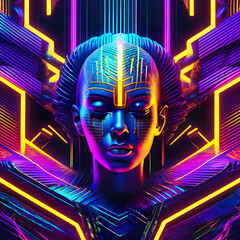 Beautiful abstract female face as part of a bright neon futuristic geometric pattern in blue violet colors. Cyberpunk illustration in 80s style. Beautiful retro future wallpaper.