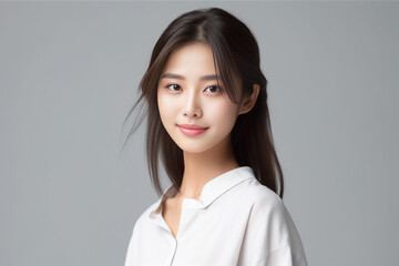 Obraz premium Smart Casual Office Shirt uniform Girl Teenager - Adult stands in front of White Background. generative AI