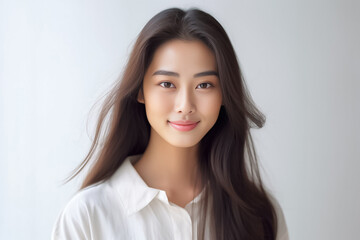 Fototapeta premium Smart Casual Office Shirt uniform Girl Teenager - Adult stands in front of White Background. generative AI