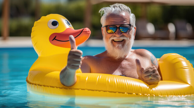 An elderly man swims in a pool on a yellow inflatable duckling over the weekend.