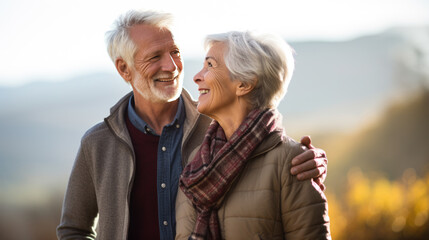 An elderly couple in love in nature.