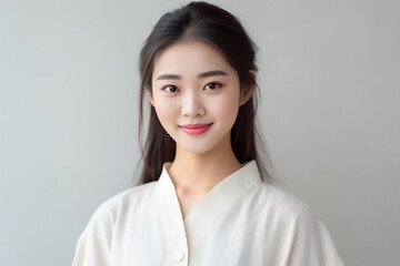 Fototapeta premium Pajamas on a Beautiful Asian Japanese Girl 16-30 years old, looks at the camera on White Background. generative AI
