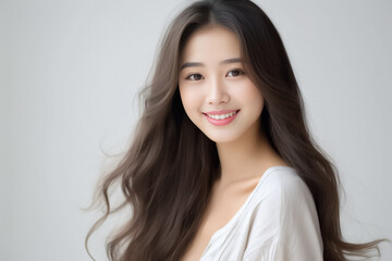 Naklejka premium Pajamas on a Beautiful Asian Japanese Girl 16-30 years old, looks at the camera on White Background. generative AI