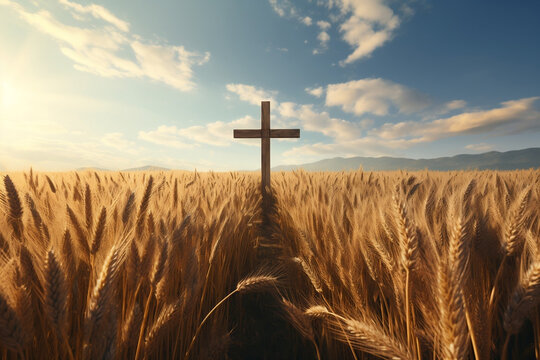 Field of wheat blowing in wind with lone wooden cross in distance