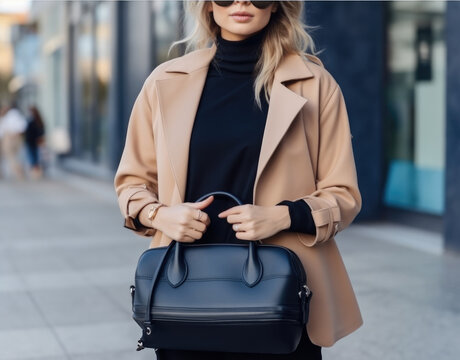 Model posing in street with black big bag, Elegant outfit.