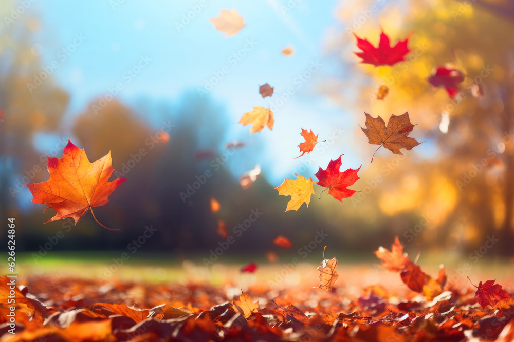 Canvas Prints red and yellow maple trees falling from a tree in sunny autumn day