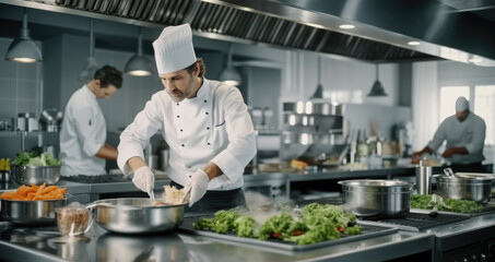 Fototapeta na wymiar Chefs in commercial kitchen, Head chef finishing dish in kitchen at restaurant.