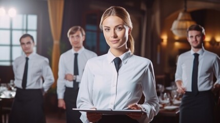 Restaurant manager with his staff at a restaurant.