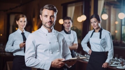 Restaurant manager with his staff at a restaurant.