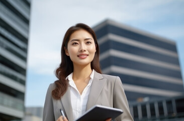 Low angle portrait of confident young Asian business woman standing against contemporary corporate skyscrapers in financial district.