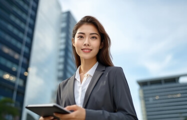 Low angle portrait of confident young Asian business woman standing against contemporary corporate skyscrapers in financial district.