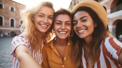 Obraz premium Three young women walking and laughing on road downtown.