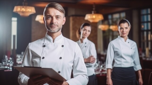 Restaurant manager and his staff with head chef in kitchen at restaurant.