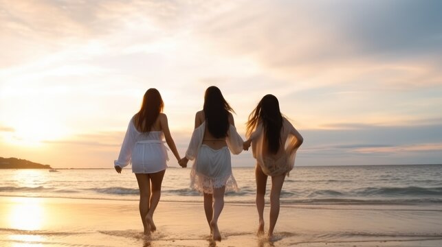 Rear view group of Young Asian woman are walking and playing together on tropical beach.
