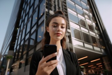Fototapeta premium Young business woman with phone in her hands standing against contemporary corporate skyscrapers.